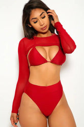 Wine Three Piece Mesh Triangle Bold Swimsuit Areous